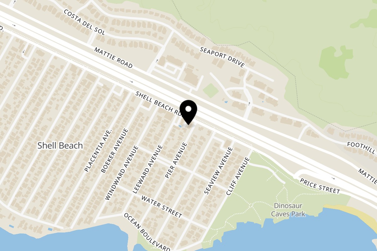 Map showing the location of The Green Olive on 601 Shell Beach Rd in Pismo Beach